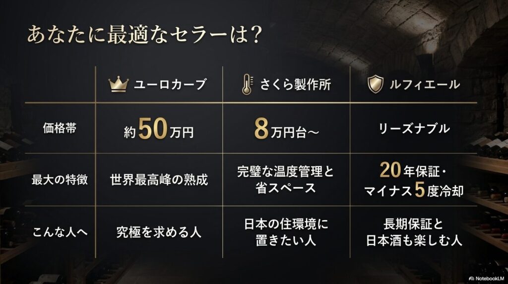 ユーロカーブ、さくら製作所、ルフィエールの価格帯や特徴を比較したワインセラー選びの表