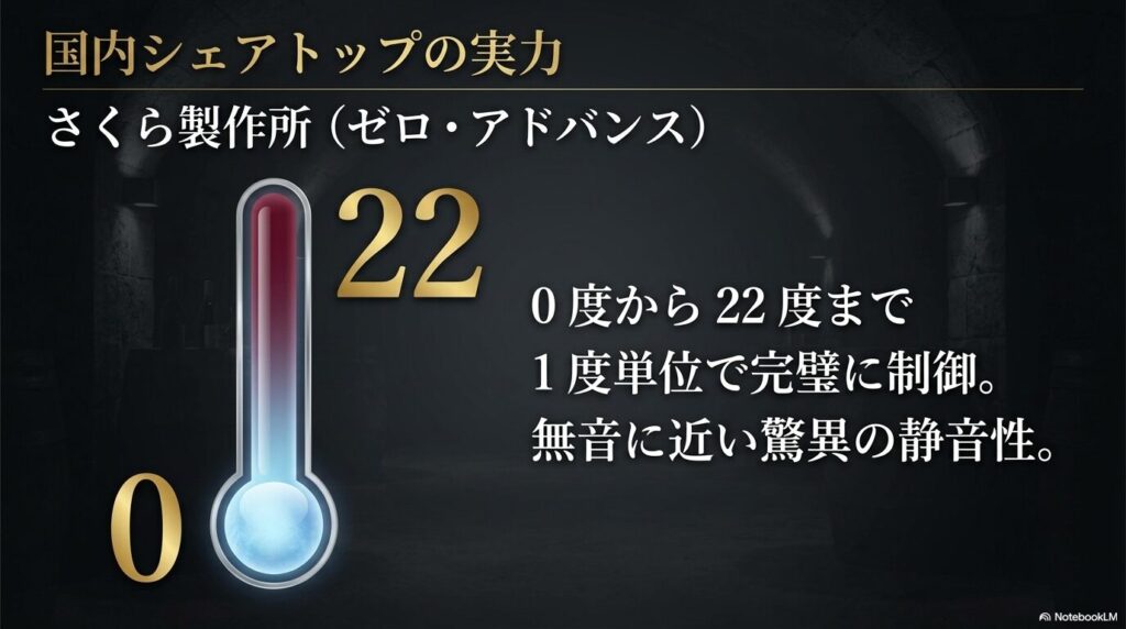 0度から22度まで1度単位で完璧に制御し無音に近い驚異の静音性を誇るさくら製作所のセラー
