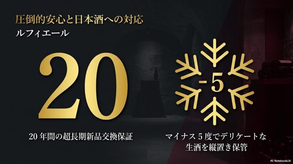 20年間の超長期新品交換保証とマイナス5度でデリケートな生酒を縦置き保管できるルフィエールの特徴
