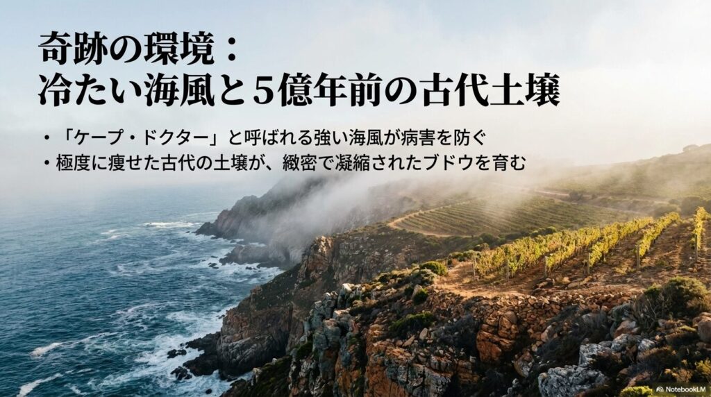 奇跡の環境 冷たい海風ケープ・ドクターと5億年前の古代土壌