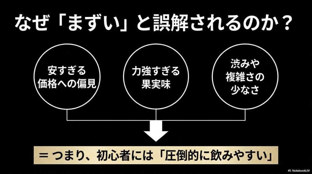 安すぎる価格への偏見や力強すぎる果実味、渋みや複雑さの少なさなど、アルパカワインがまずいと誤解される理由を図解したスライド