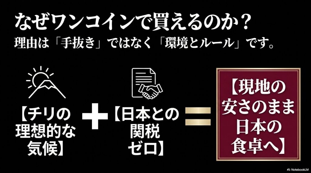チリの理想的な気候と日本との関税ゼロという環境とルールにより、現地の安さのまま日本の食卓へ届く理由を説明したスライド