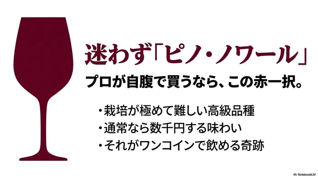 栽培が極めて難しい高級品種であり、通常なら数千円する味わいがワンコインで飲める奇跡としてピノ・ノワールをおすすめするスライド