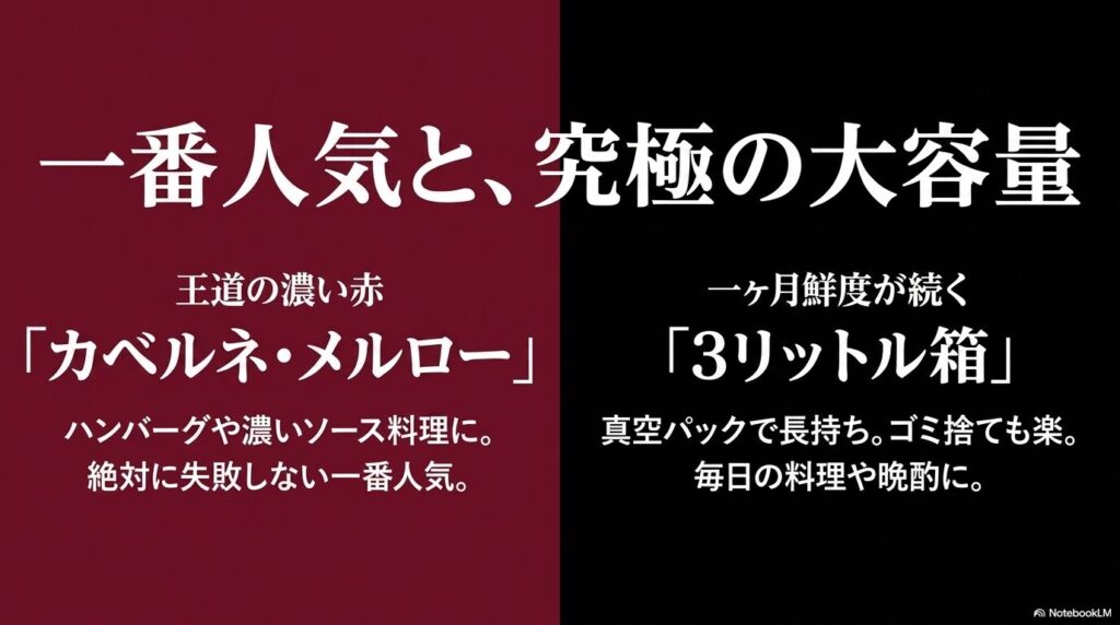 濃いソース料理に合う一番人気のカベルネ・メルローと、真空パックで一ヶ月鮮度が続く3リットル箱を紹介するスライド