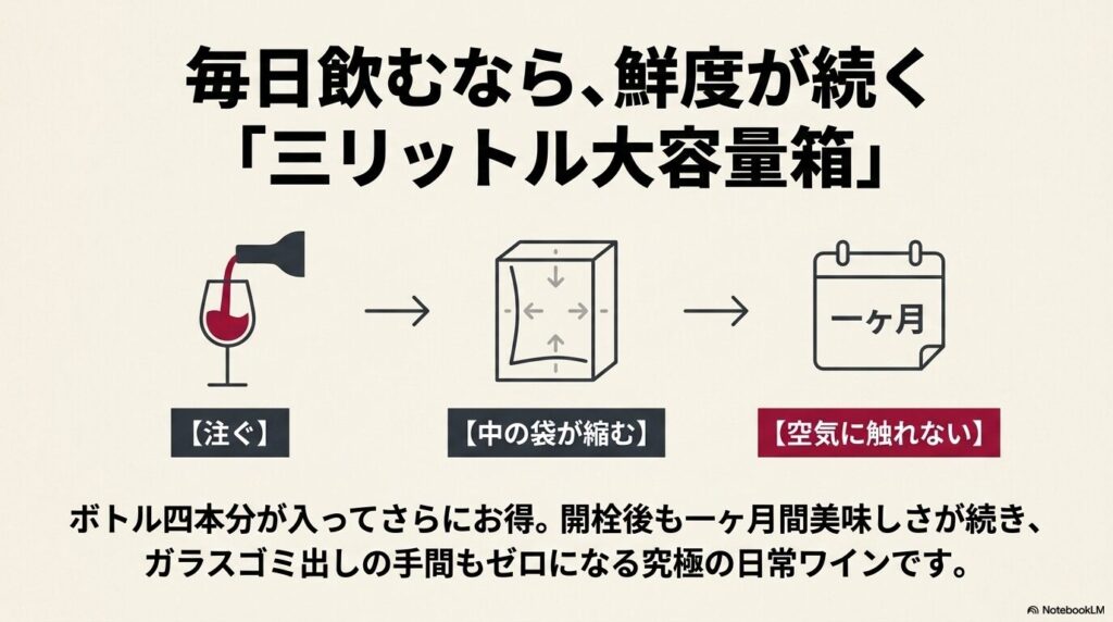 注ぐと中の袋が縮んで空気に触れないため、1ヶ月間鮮度が続くアルパカの大容量箱ワインの仕組み図解