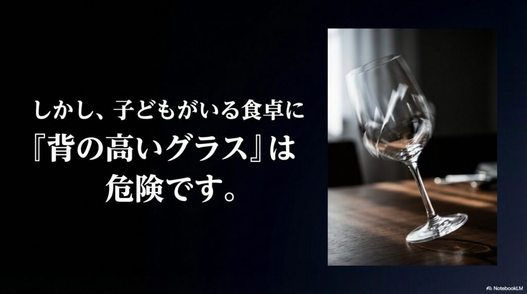 子どもがいる食卓に背の高いグラスは倒れやすく危険であることを示すイラスト