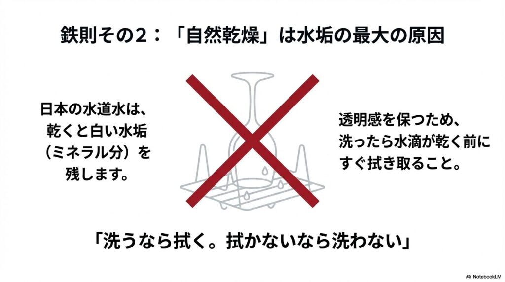 お手入れの鉄則その2。自然乾燥は水垢の最大の原因であるため、「洗うなら拭く。拭かないなら洗わない」を示すバツ印の図