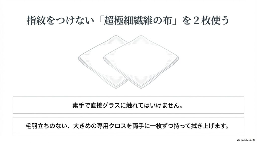 指紋をつけない超極細繊維の布（クロス）を2枚使い、素手で直接触れずに拭き上げる手順のイラスト