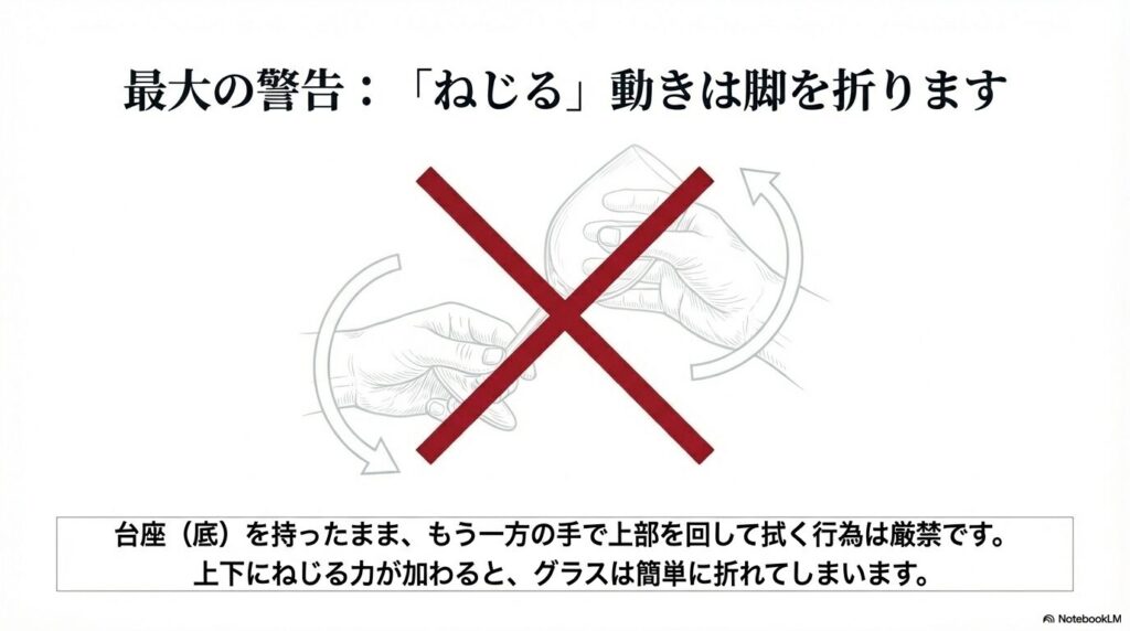 最大の警告。台座を持ったまま上部を回してねじる動きは脚を折る原因になることを示す禁止イラスト