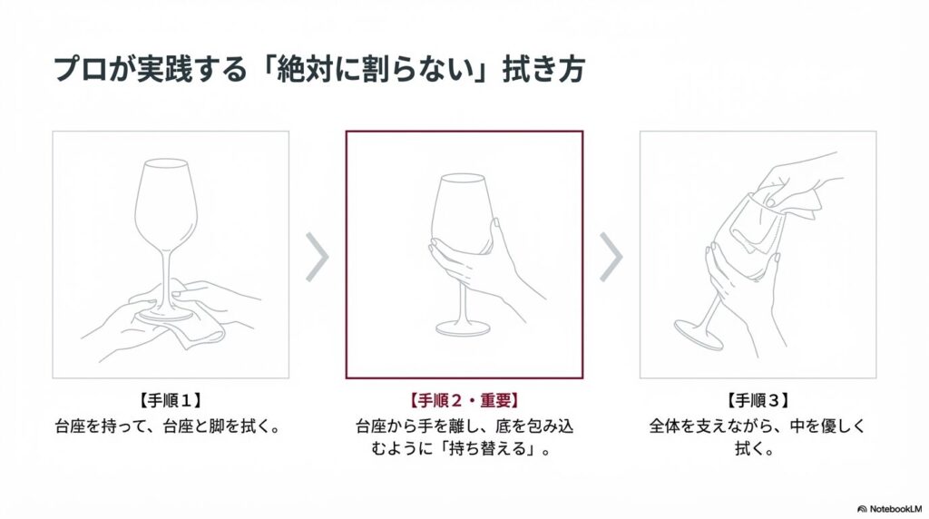 プロが実践する絶対に割らない拭き方。台座を拭いた後、底を包み込むように持ち替えて中を優しく拭く3ステップ図解