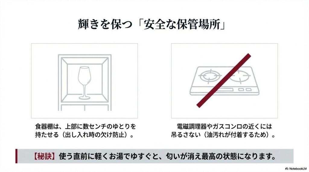 輝きを保つ安全な保管場所。食器棚上部のゆとり確保と、ガスコンロ周辺を避けることを示すイラスト