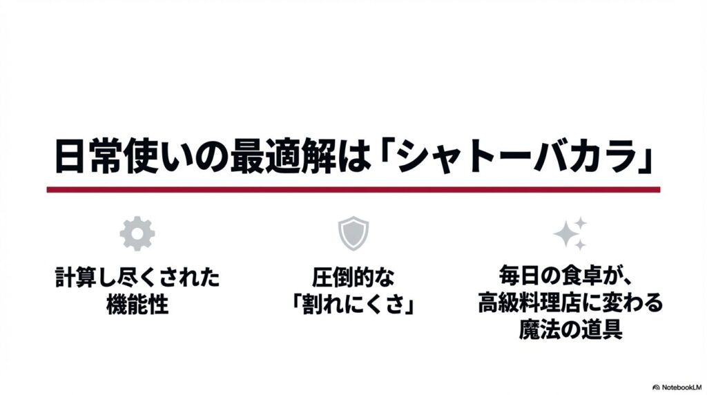日常使いの最適解はシャトーバカラ。計算し尽くされた機能性と圧倒的な割れにくさを表現した画像