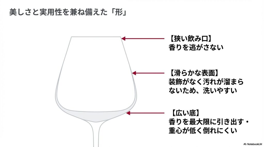 シャトーバカラの美しさと実用性を兼ね備えた形。香りを逃がさない狭い飲み口、洗いやすい滑らかな表面、倒れにくい広い底部の解説図