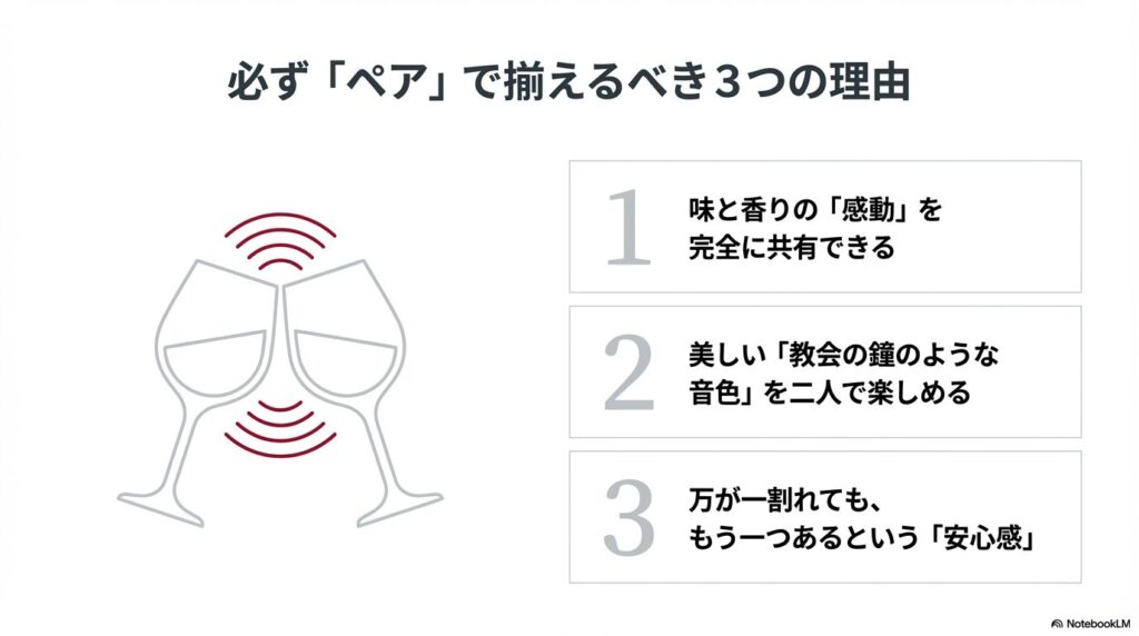 グラスをペアで揃えるべき3つの理由。感動の共有、美しい音色、割れた時の安心感を示すイラスト