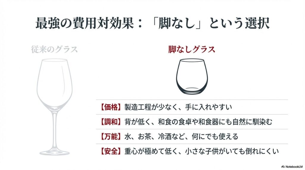 脚なし（ステム無し）グラスの最強の費用対効果。手に入れやすい価格、和食との調和、万能さ、倒れにくい安全性を比較した図