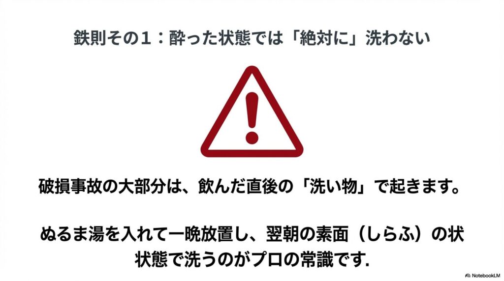 お手入れの鉄則その1。酔った状態では絶対に洗わず、翌朝の素面（しらふ）の状態で洗うことを示す警告マーク