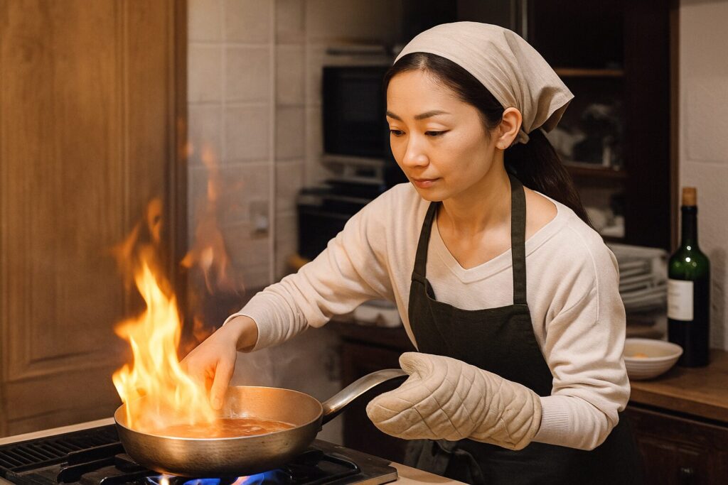 フライパンで炎を上げて調理する日本人女性