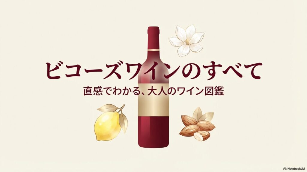 白い花やレモン、アーモンドなどのイラストが描かれた、直感でわかる大人のワイン図鑑「ビコーズワイン」のアイキャッチ画像