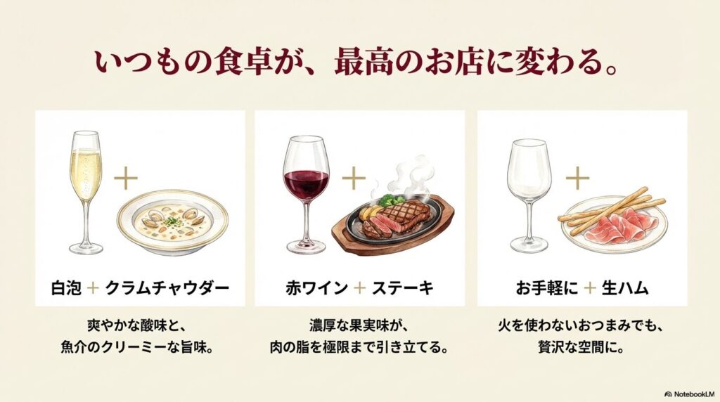 白泡とクラムチャウダー、赤ワインとステーキ、お手軽な生ハムなど、いつもの食卓が最高のお店に変わるペアリングの提案