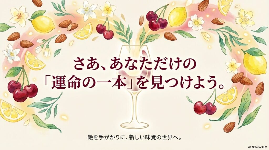 ラベルの絵を手がかりに、新しい味覚の世界へ踏み出し、あなただけの運命の一本を見つけようというメッセージ