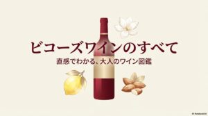 白い花やレモン、アーモンドなどのイラストが描かれた、直感でわかる大人のワイン図鑑「ビコーズワイン」のアイキャッチ画像