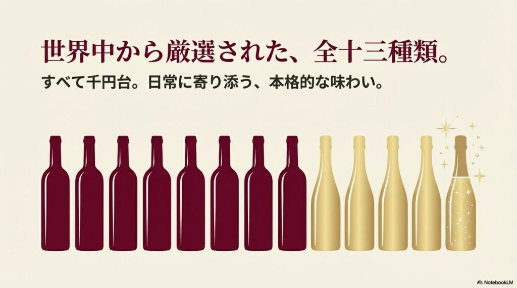 世界中から厳選された、すべて千円台で楽しめる全13種類のビコーズワインのボトル一覧