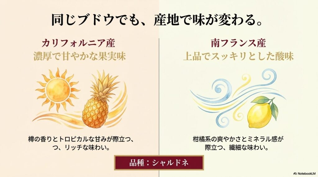 太陽とパイナップルで濃厚な果実味を表すカリフォルニア産と、風とレモンでスッキリとした酸味を表す南フランス産のシャルドネの比較