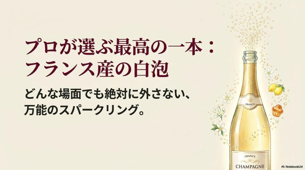 プロが選ぶ最高の一本であり、どんな場面でも絶対に外さないフランス産の万能スパークリングワイン「ブラン・ド・ブラン」