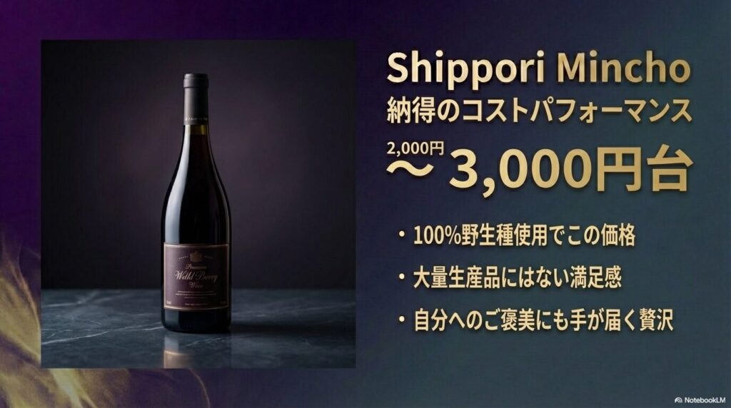 100%野生種使用の贅沢さと、大量生産品にはない満足度、自分へのご褒美としての価値を示すスライド