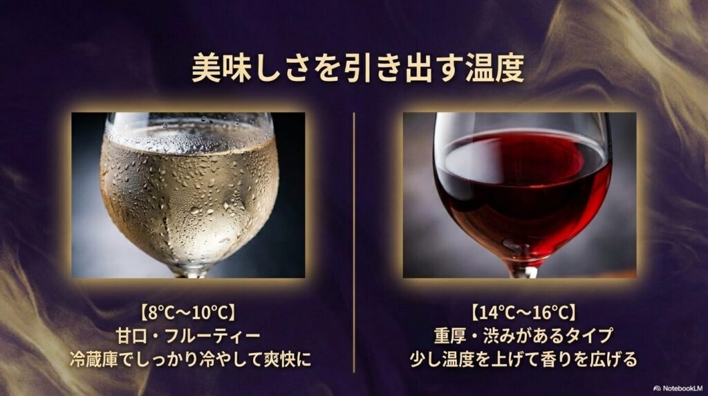 甘口は8-10℃、重厚なタイプは14-16℃という、美味しさを最大限に引き出す飲用温度のスライド