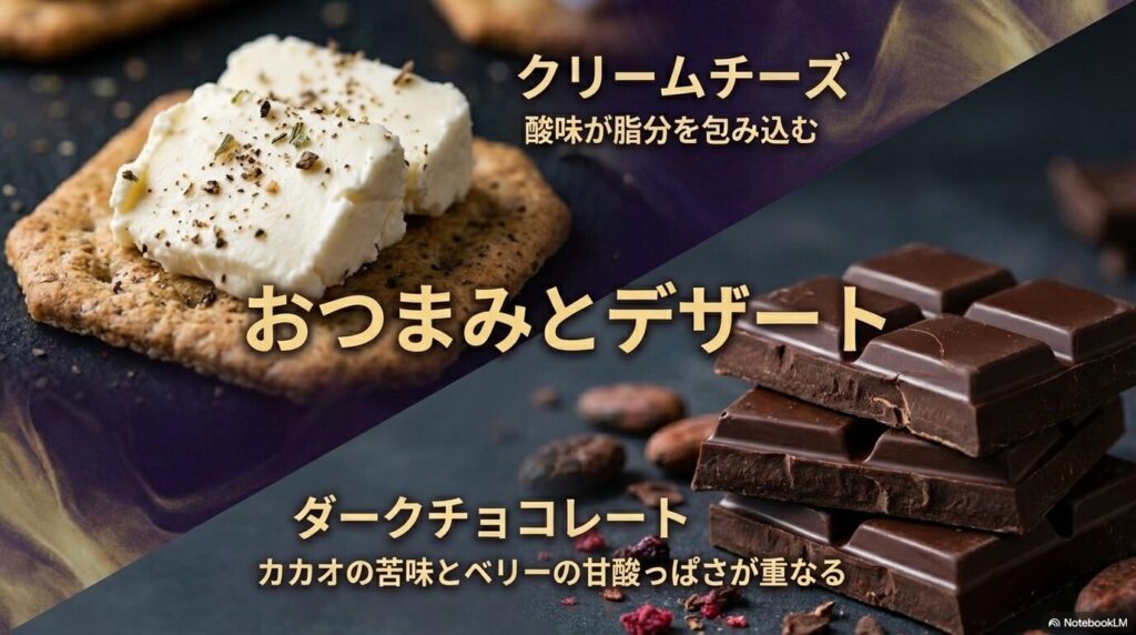 クリームチーズの脂分やダークチョコの苦味と、ベリーの酸味が重なり合う様子を解説するスライド