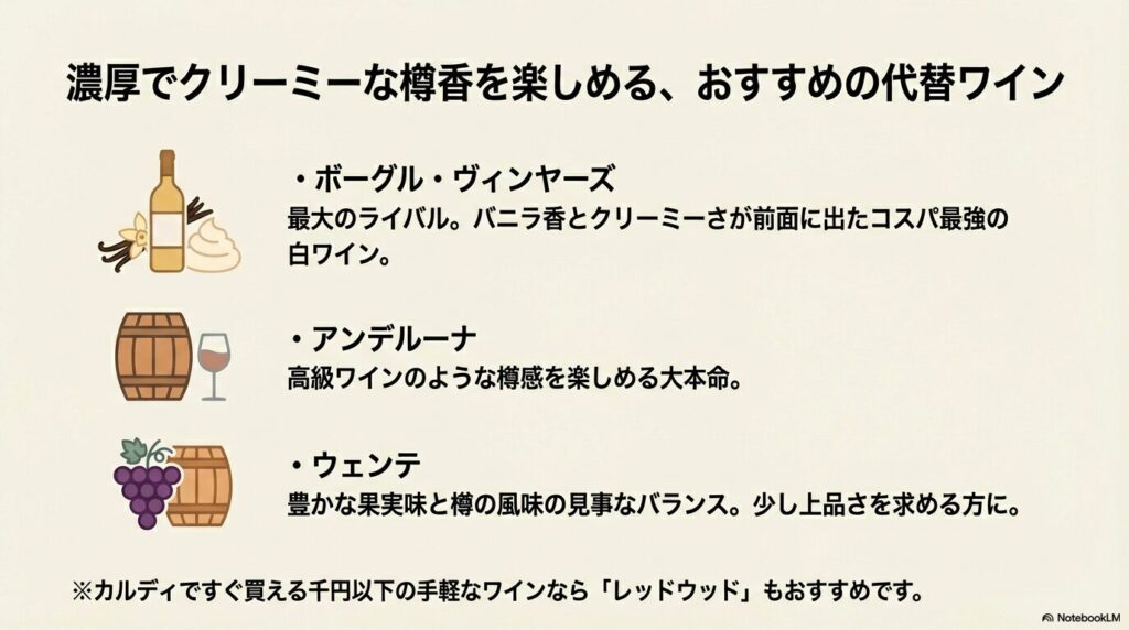 濃厚でクリーミーな樽香を楽しめる、おすすめの代替ワイン。ボーグル・ヴィンヤーズ、アンデルーナ、ウェンテ。