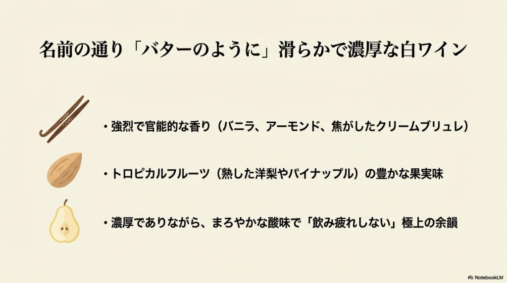 名前の通り「バターのように」滑らかで濃厚な白ワイン。強烈で官能的な香りとトロピカルフルーツの豊かな果実味。
