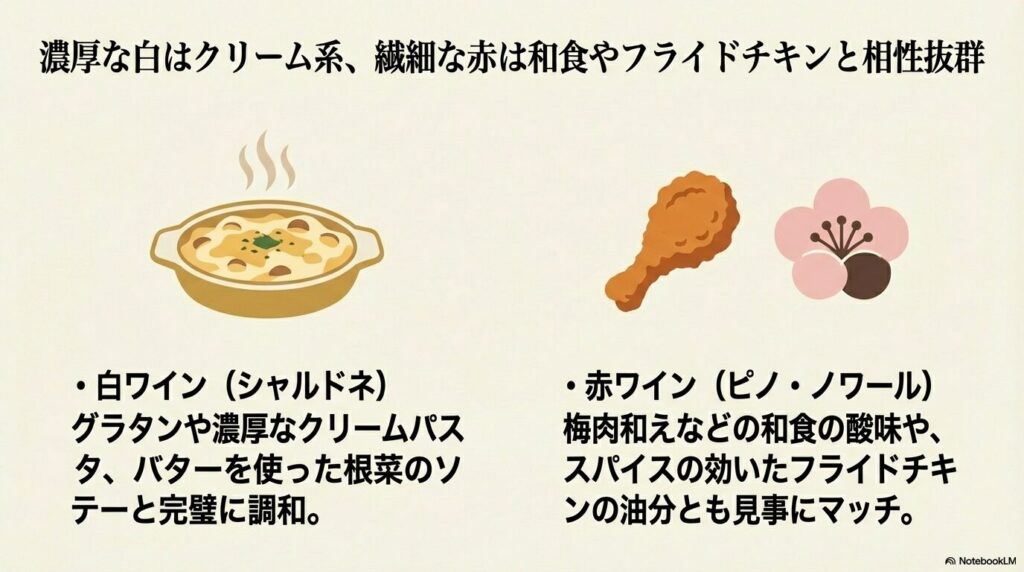 濃厚な白はクリーム系、繊細な赤は和食やフライドチキンと相性抜群。