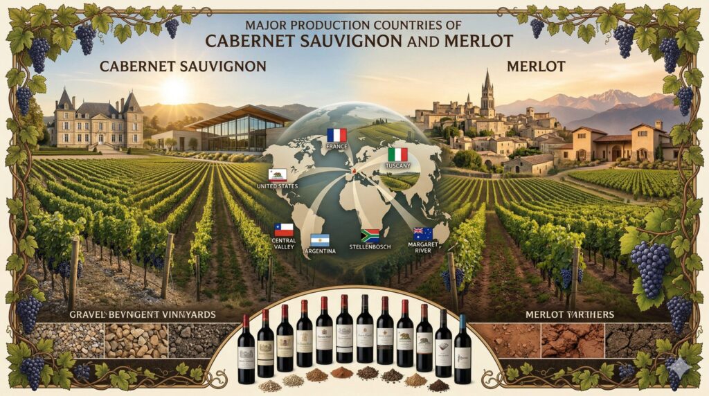 カベルネソーヴィニヨンとメルローの主要な生産国
