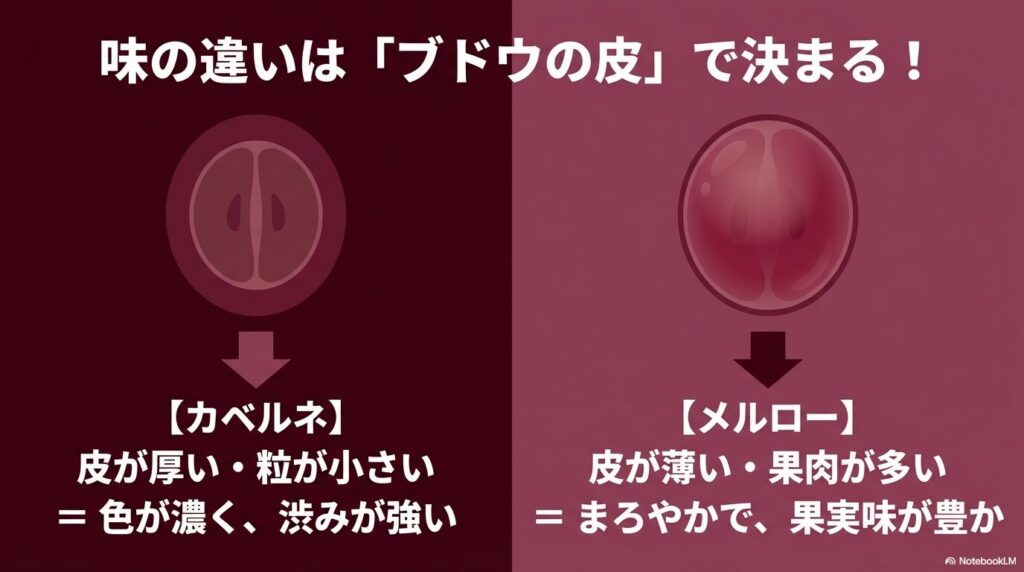 カベルネは皮が厚く渋みが強い、メルローは皮が薄く果実味が豊かという特徴の違い