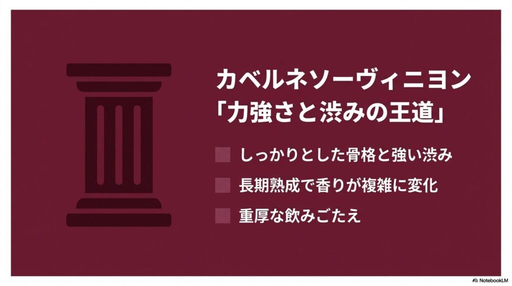 しっかりとした骨格と強い渋みを持ち、長期熟成で香りが複雑に変化するカベルネソーヴィニヨン