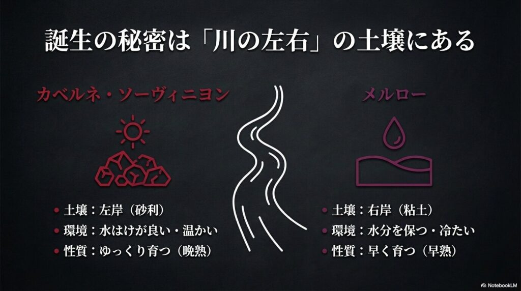 カベルネは左岸の砂利土壌、メルローは右岸の粘土土壌という環境と性質の違い