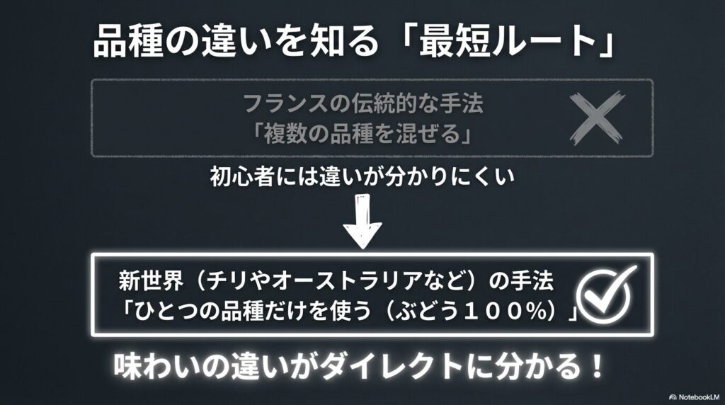 品種の違いをダイレクトに知るには、新世界の手法である単一品種（ぶどう100%）のワインを選ぶ