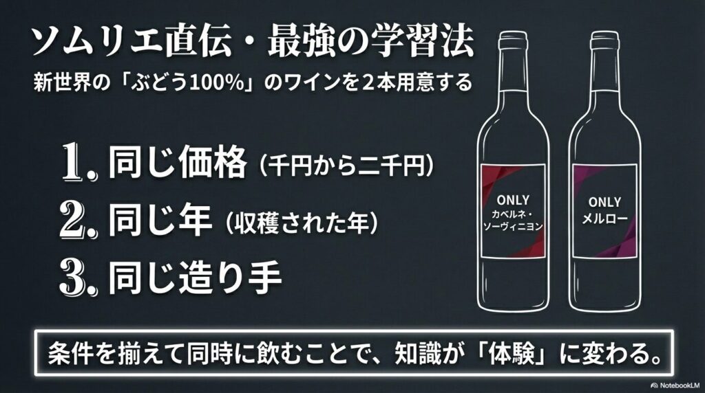 同じ価格、同じ年、同じ造り手のぶどう100%ワインを2本用意して同時に飲む最強の学習法