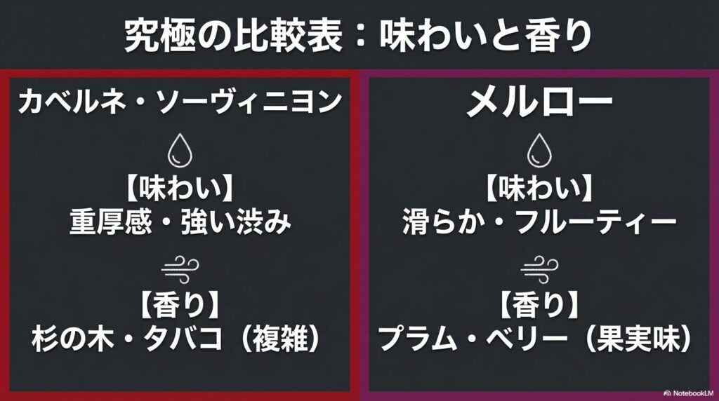 カベルネの重厚感と複雑な香り、メルローの滑らかさとフルーティーな果実味の比較