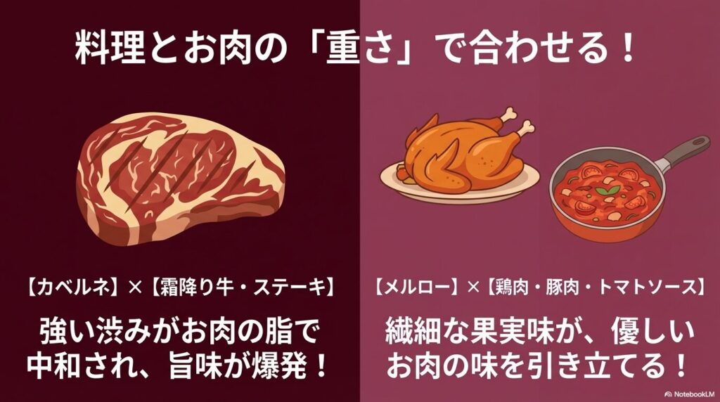 カベルネには霜降り牛ステーキ、メルローには鶏肉や豚肉、トマトソースが合う
