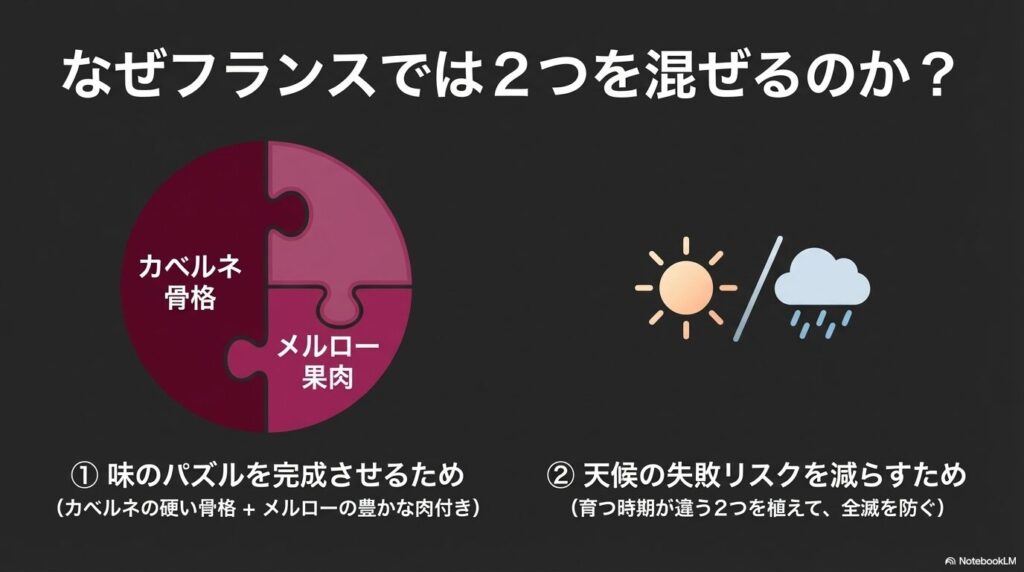 カベルネの骨格とメルローの肉付きで味のパズルを完成させ、天候リスクを減らすブレンドの理由
