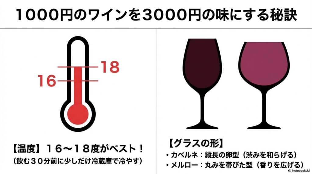 16〜18度の適温と、カベルネ用の縦長グラス、メルロー用の丸みを帯びたグラスの選び方