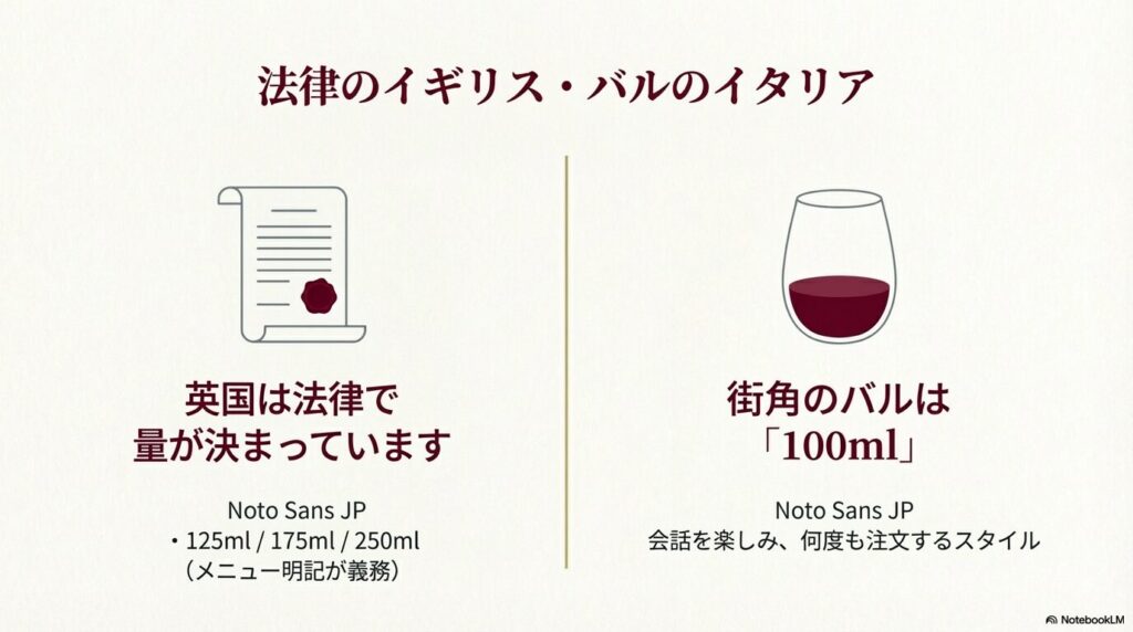 イギリスの法律で定められた量（125ml/175ml/250ml）と、イタリアのバルの100ml提供スタイルを紹介するスライド。