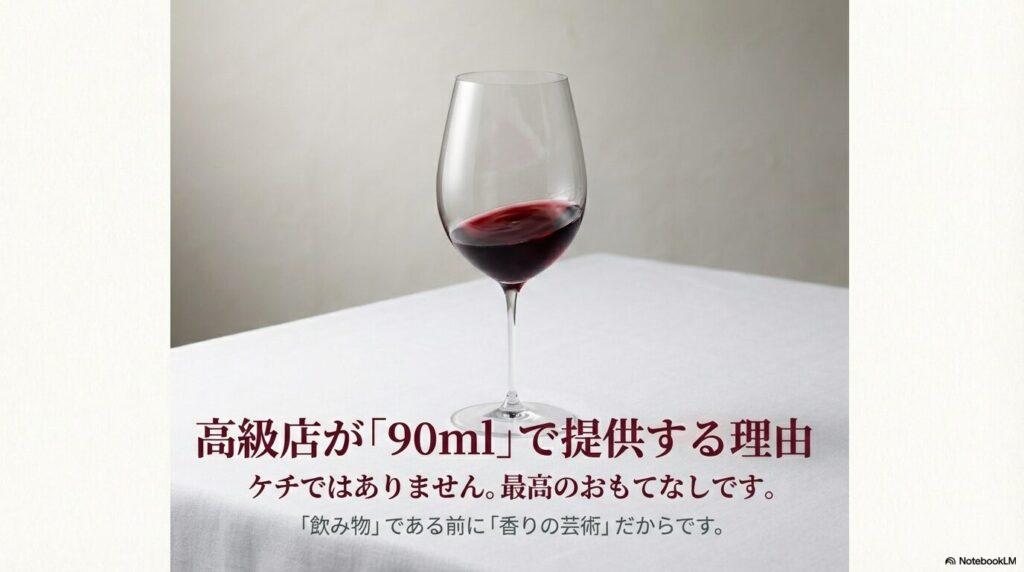 高級店が90mlで提供するのは香りを閉じ込める空気の層（香りのタンク）を作るためであるという解説。