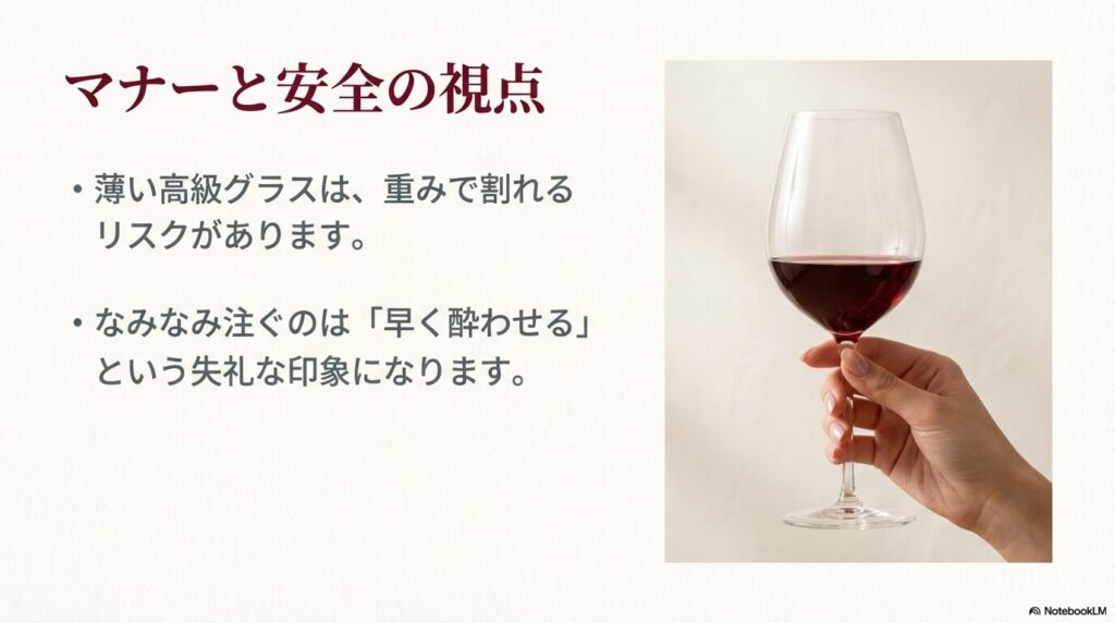 高級グラスの破損リスクや、なみなみ注ぐことが失礼にあたるというマナー上の注意点。