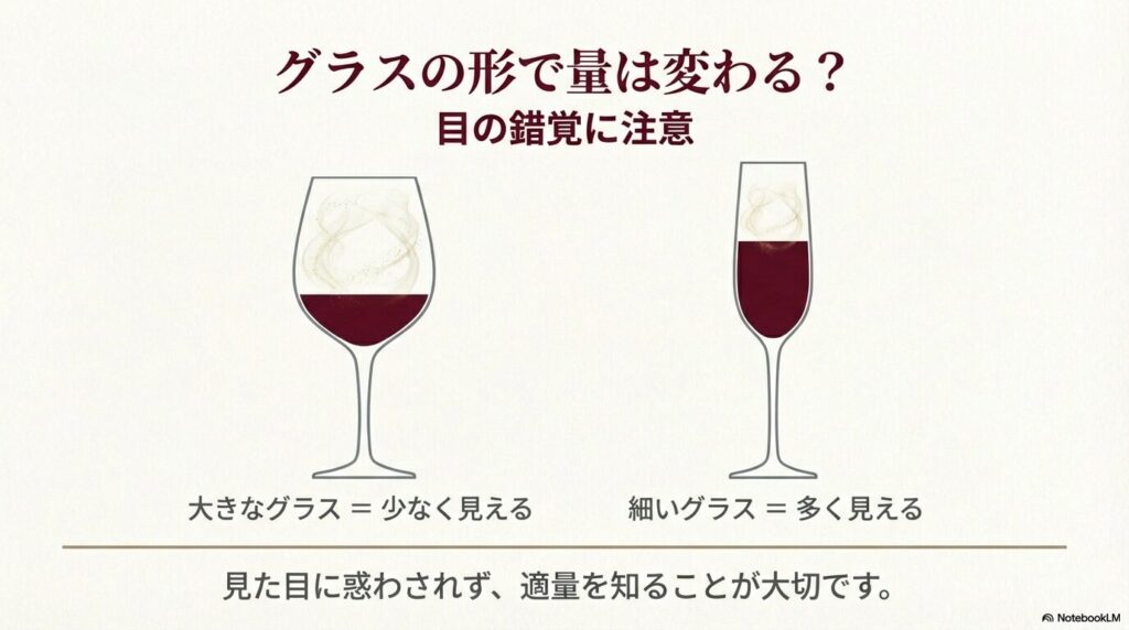 大きなグラスは少なく見え、細いグラスは多く見えるという視覚的な錯覚の注意喚起。