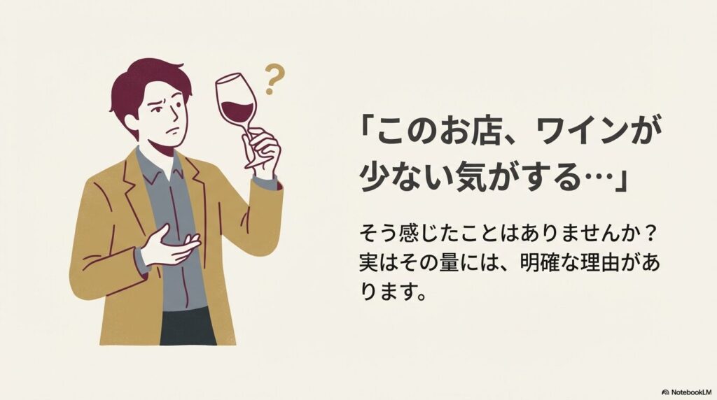 ワイングラスを手に持ち「このお店、ワインが少ない気がする…」と不思議に思っている男性のイラスト