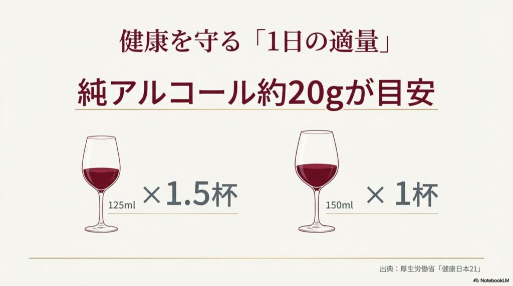 純アルコール20gの目安として、125mlなら1.5杯、150mlなら1杯という適量を示した図。